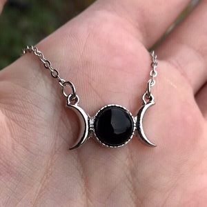 Onyx triple goddess silver moon necklace